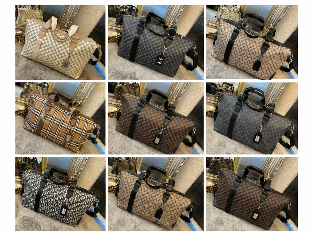 Luxury travel holdall collection showing eight stylish weekend bags in checkerboard, plaid and monogram designs with detachable shoulder straps.