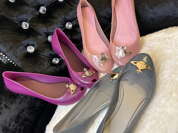 Pink, purple and grey ballet shoes with gold detailing