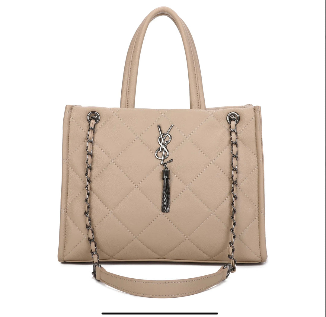 Beige chain detailed handbag 