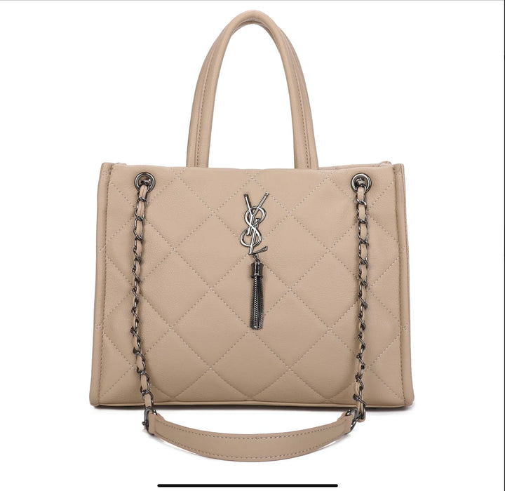 Beige chain detailed handbag 