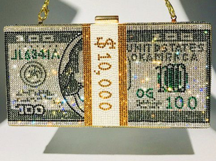 Crystal rhinestone beaded detailed chain strap money clutch bag 