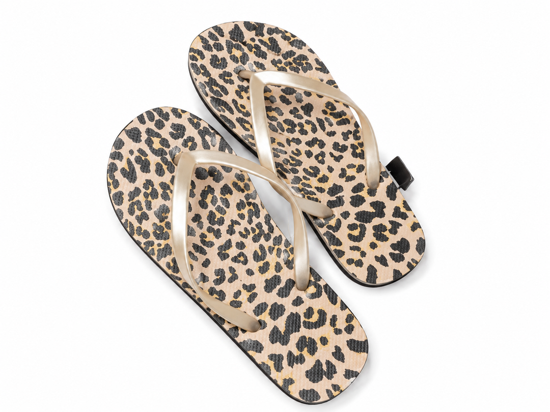 Leopard print flip-flops with metallic beige straps