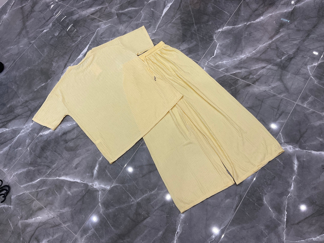 Ribbed Sleeve Top &amp; Wide Leg Trouser Co-Ord Set
