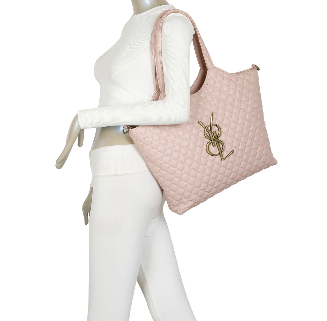 Pink large size quilted bag with gold detailed hardware and long adjustable removable strap