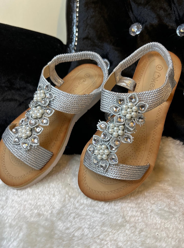 Silver embellished flat sandals with crystal and pearl detailing