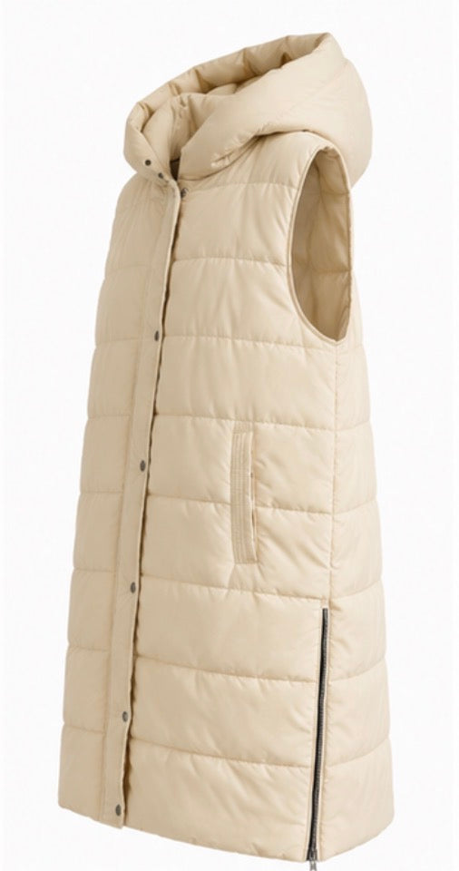 Long cream padded gilet with hood, quilted design and front zip fastening, sleeveless puffer bodywarmer with pockets