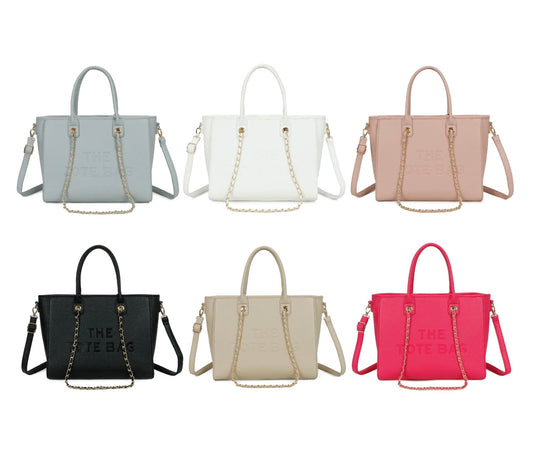Colourful large size tote bag with gold chain detail 