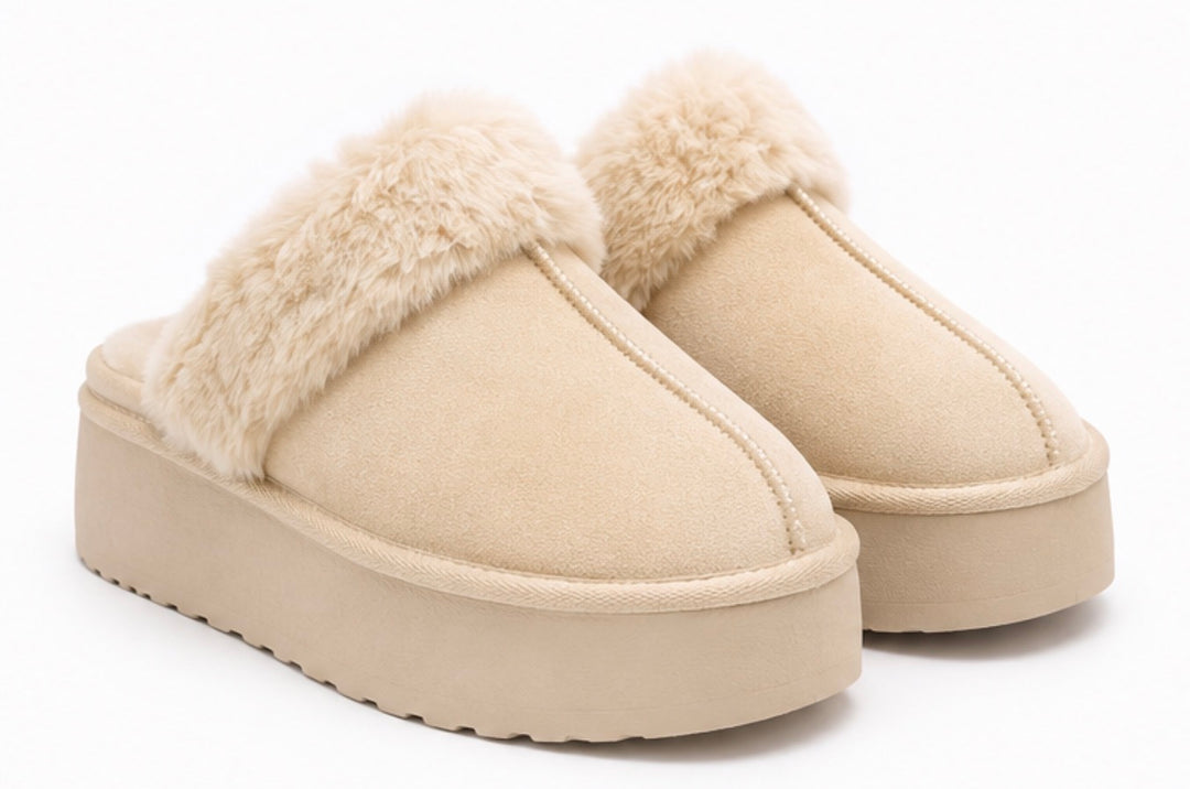 Cream cosy slip-on slippers with fluffy trim and cushioned platform sole