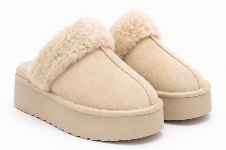 Cream cosy slip-on slippers with fluffy trim and cushioned platform sole