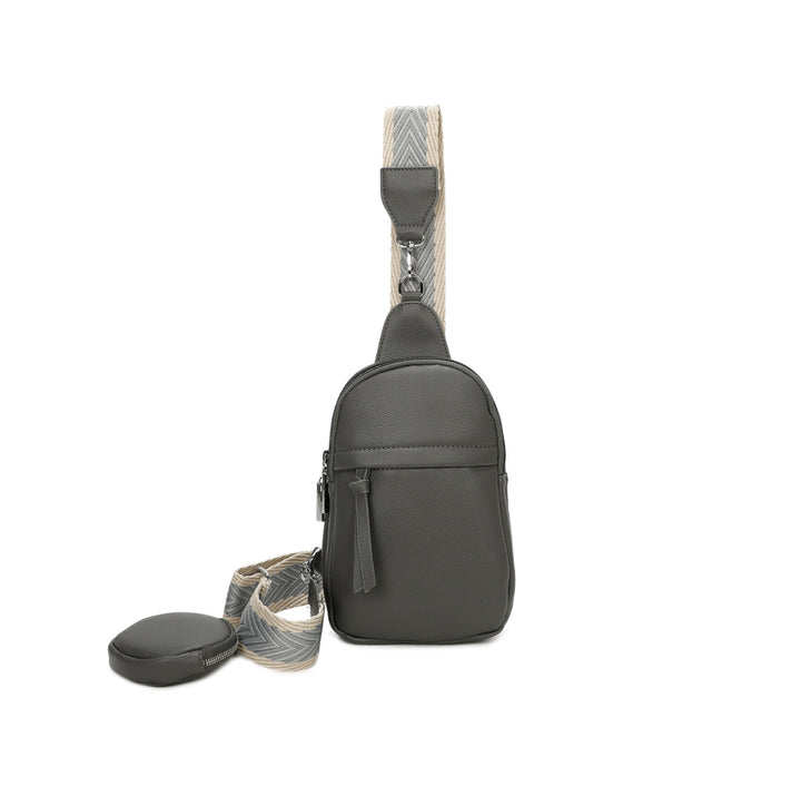 Grey faux-leather crossbody bag with a chevron-patterned strap and small detachable coin pouch.