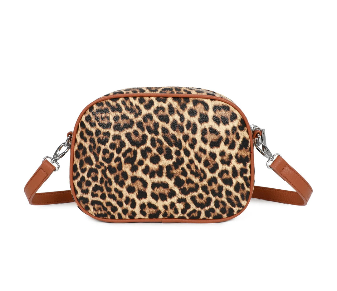 Leopard print crossbody bag with brown  detailing and silver hardware 