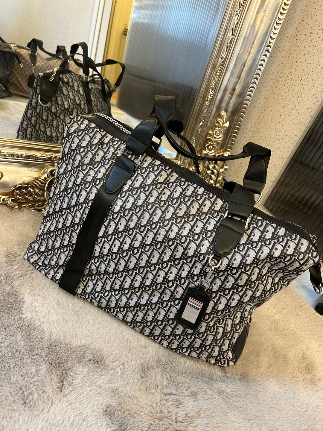 Black letter detail, large holdall luggage travel bag with silver hardware