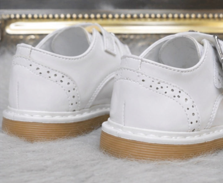 White patent toddler Spanish shoes with double buckle strap