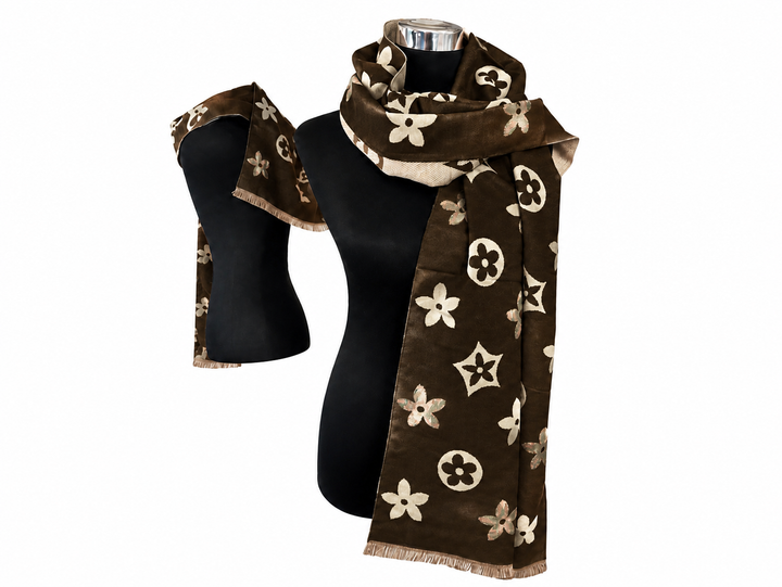 Brown floral monogram print scarf with cream detailing and fringed edge