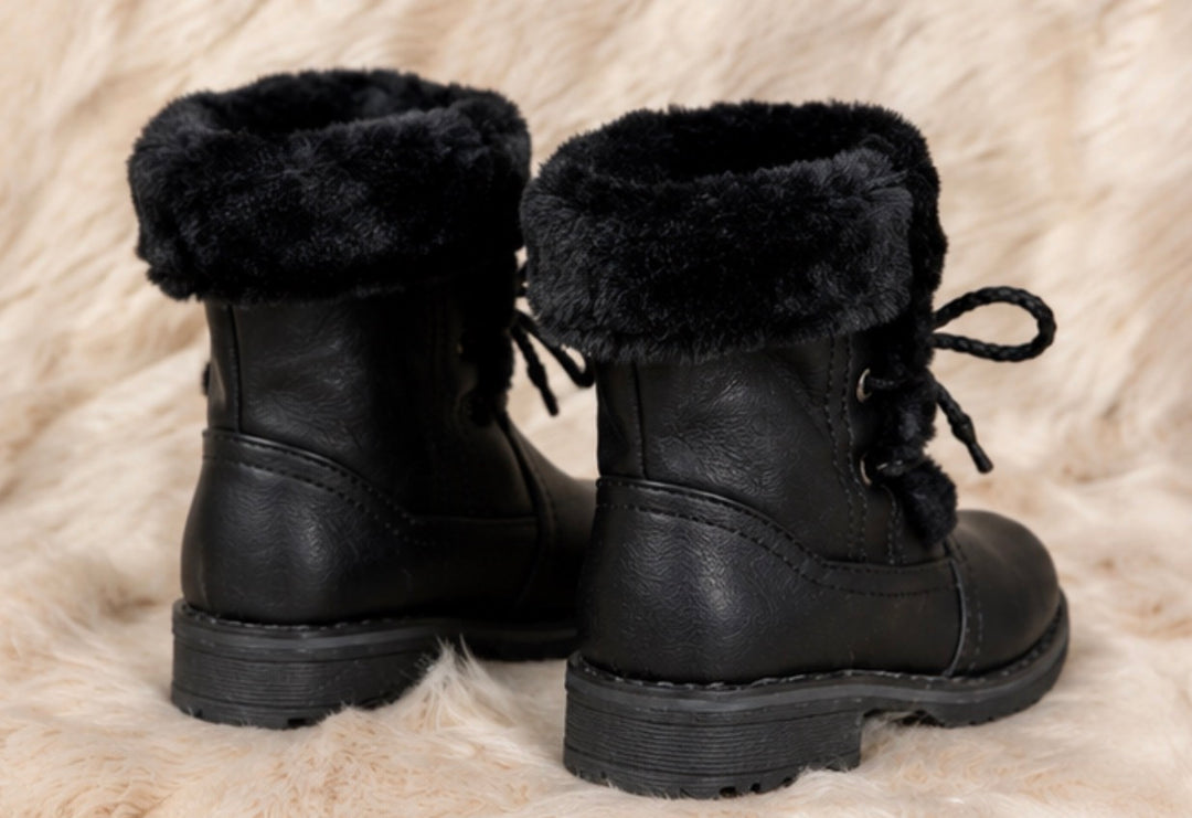 Girls black faux leather winter boots with soft black faux fur trim