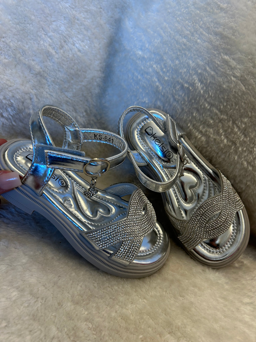 Girls Silver embellished crystal sandal shoes with hanging charm 