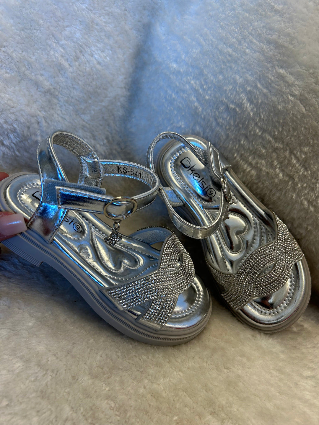 Girls Silver embellished crystal sandal shoes with hanging charm 