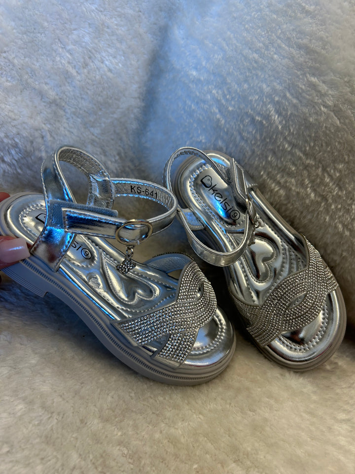 Girls Silver embellished crystal sandal shoes with hanging charm 