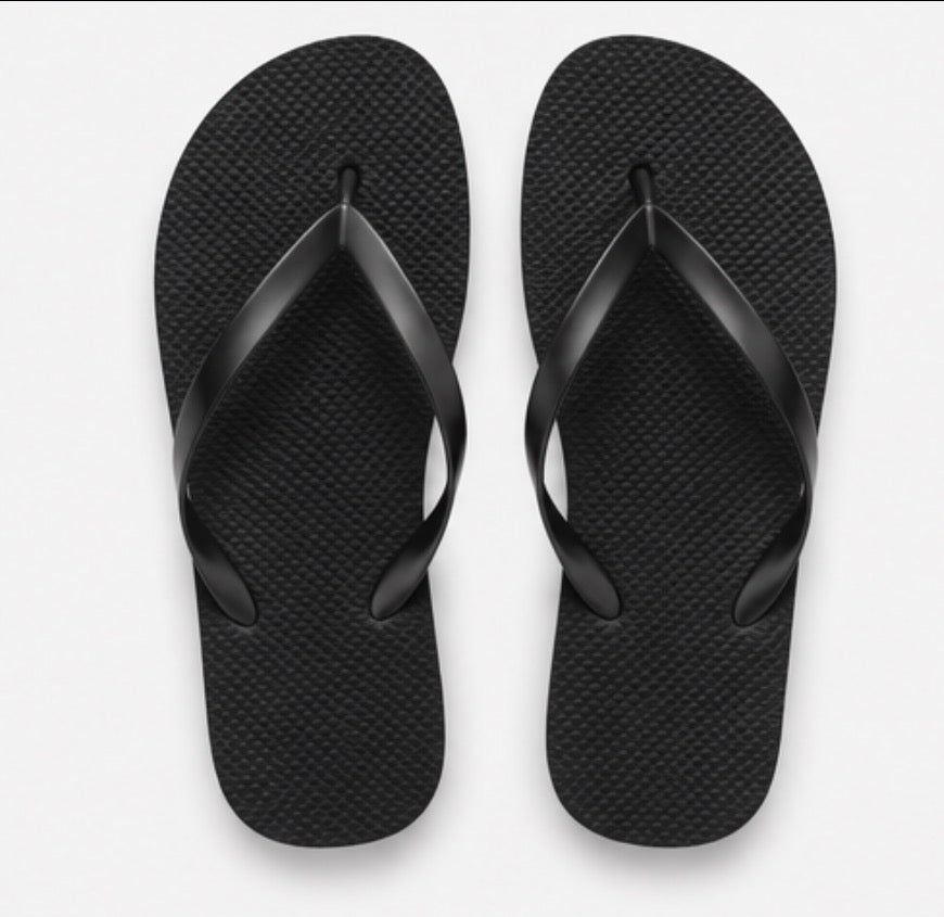 Black flip flops with glossy black straps and textured soles 