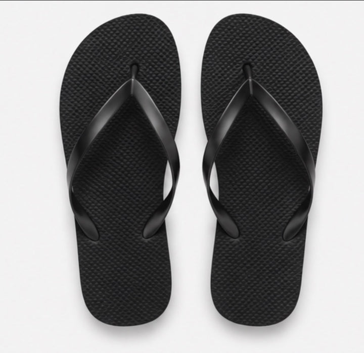 Black flip flops with glossy black straps and textured soles 