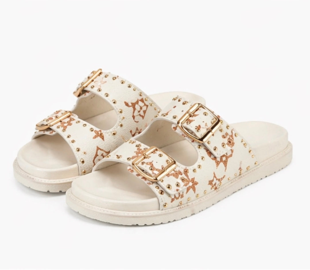slip on sandals with buckle detail