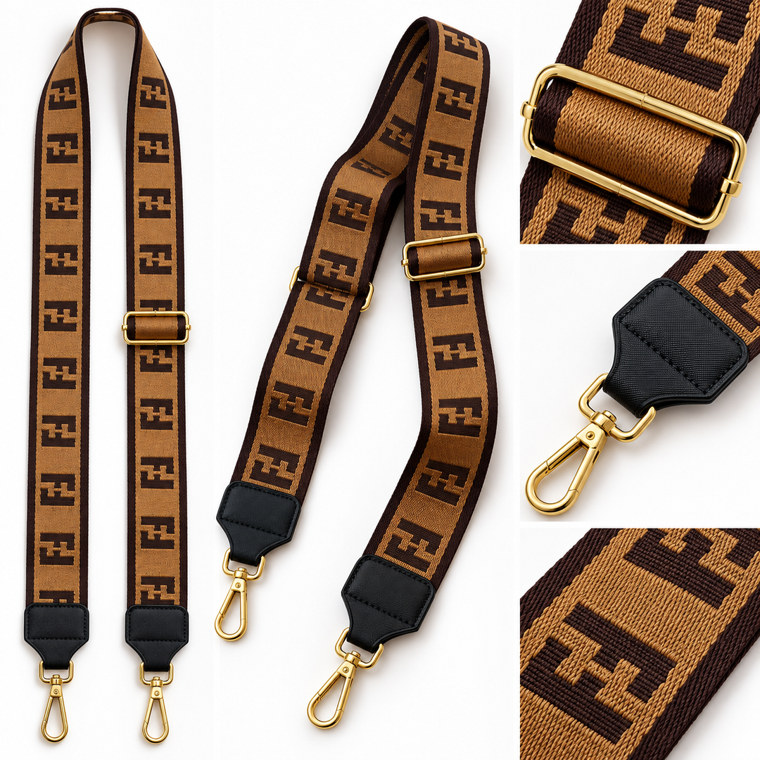 Brown and tan woven monogram handbag strap with gold-tone adjustable buckle, black reinforced ends and gold clasps