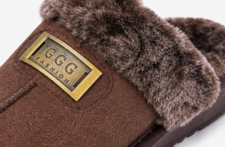 Kids open-back fur-lined slippers in black and brown with soft plush trim