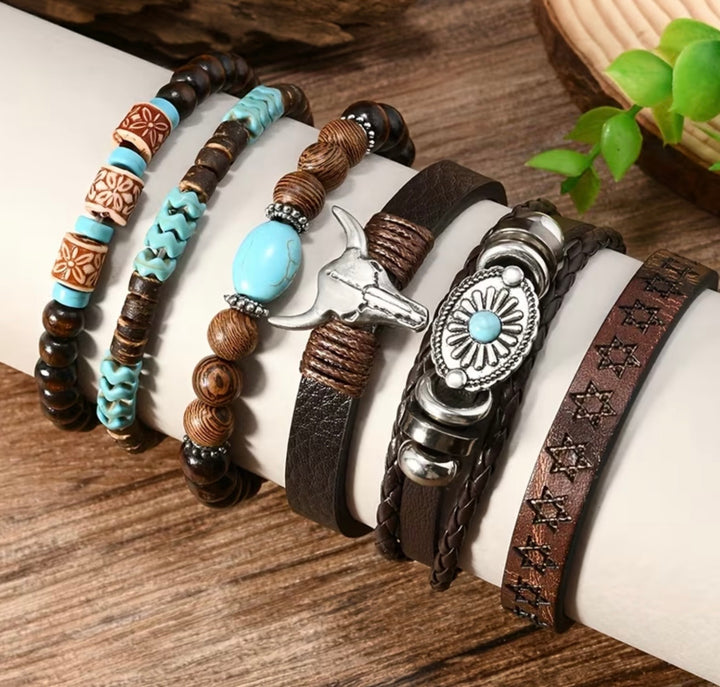 Six piece brown and turquoise Western boho bracelet set with beads, leather-look bands and silver-tone details