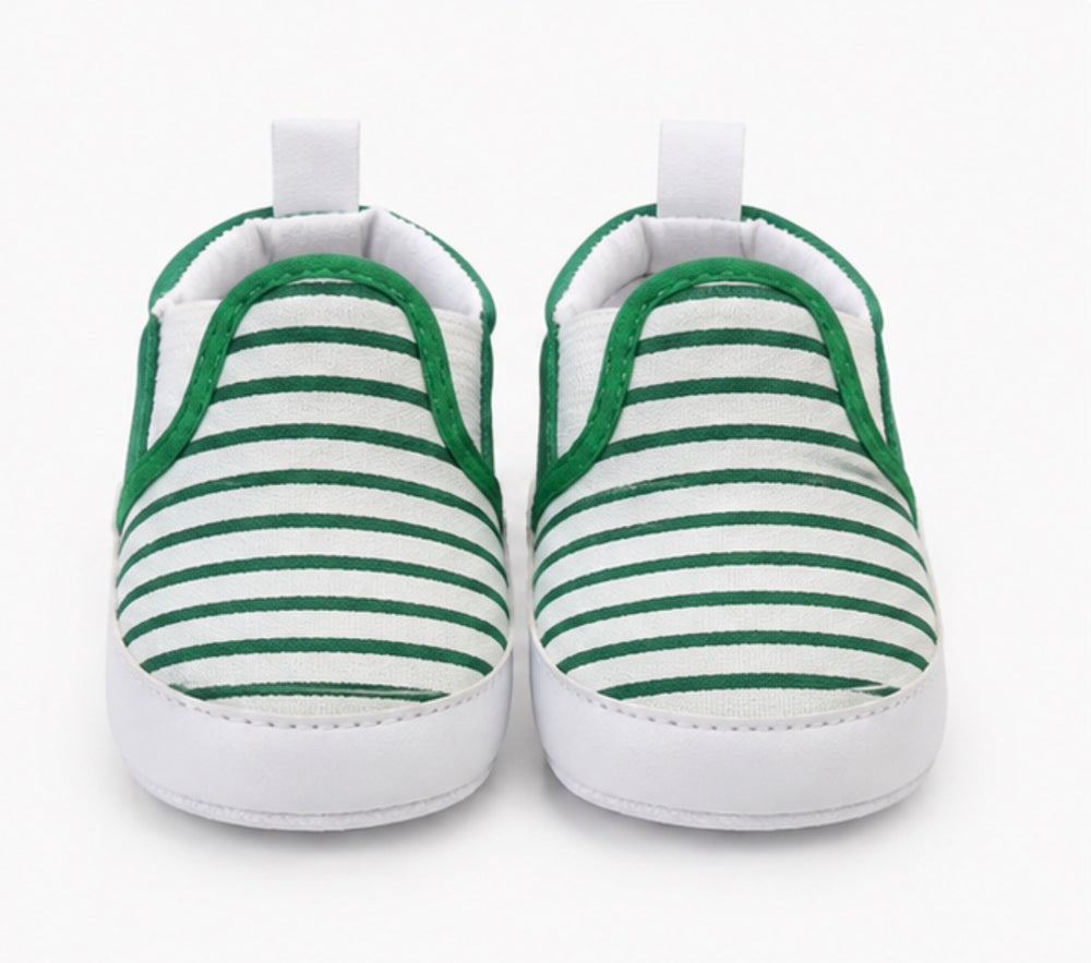 Soft baby crib shoes with striped pattern and flexible non-slip white sole 