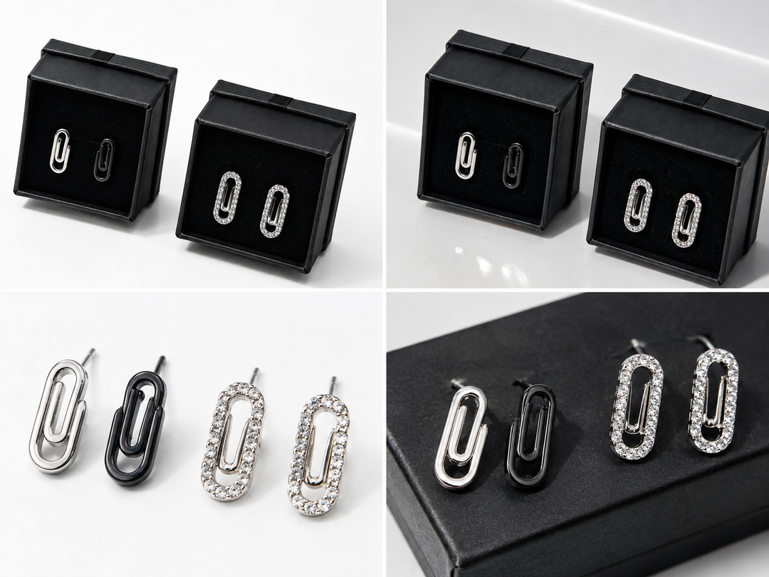 Minimalist silver and crystal paperclip earrings close-up