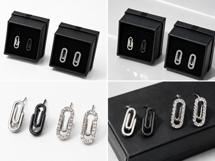 Minimalist silver and crystal paperclip earrings close-up