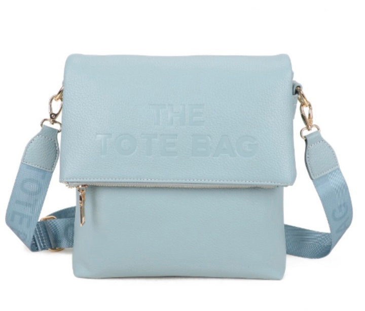 Light blue tote bag with &