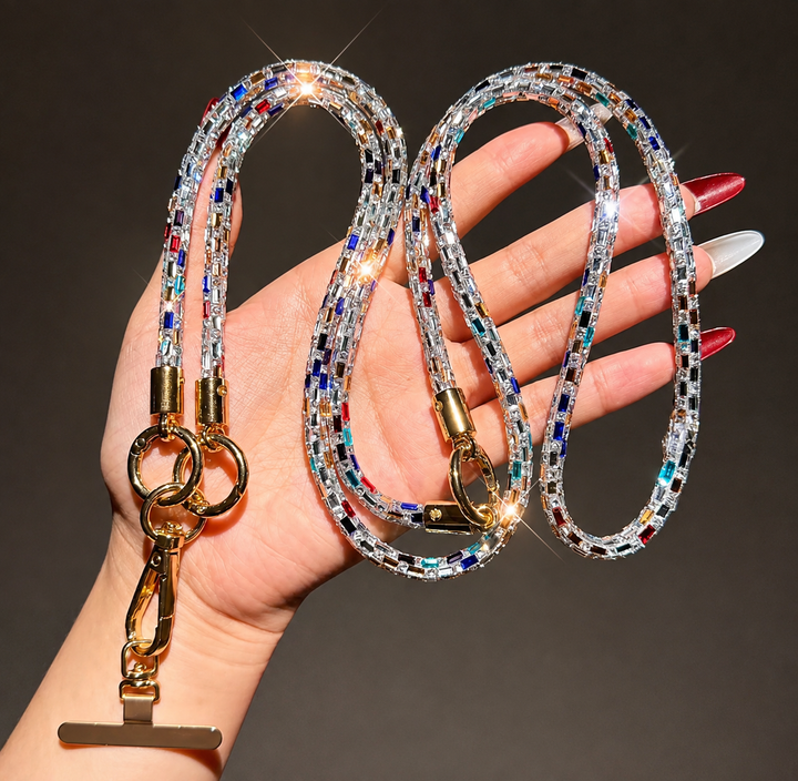 Multicoloured crystal phone lanyard strap with gold-tone clips and phone case attachment