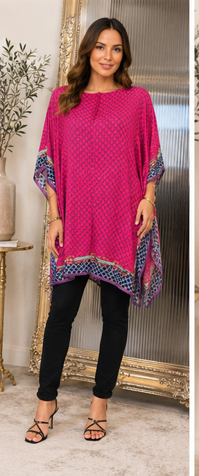 Pink oversized patterned kaftan top with blue and gold border detail