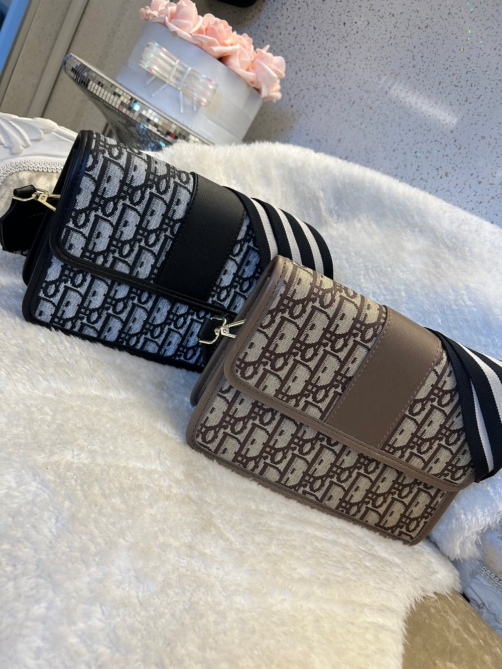 Beige and black crossbody handbags with stripe long straps 