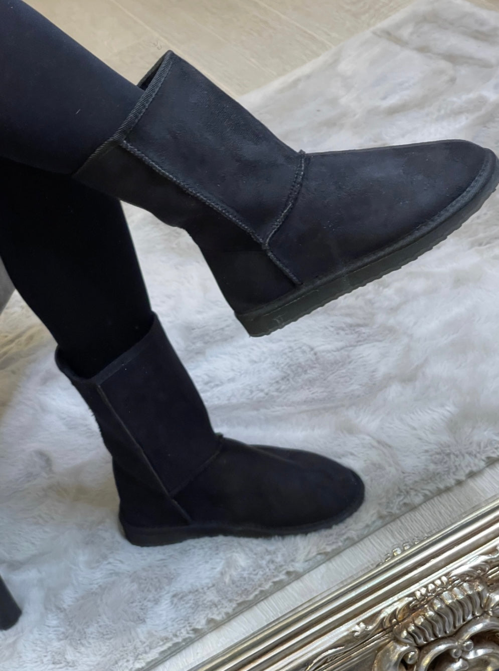 Faux fur lined winter boots, faux suede black, tall or mid length