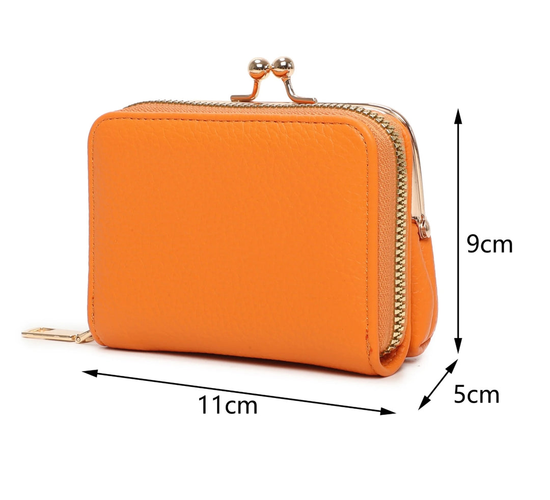 A orange clutch purse with gold detail and a zipper closure.