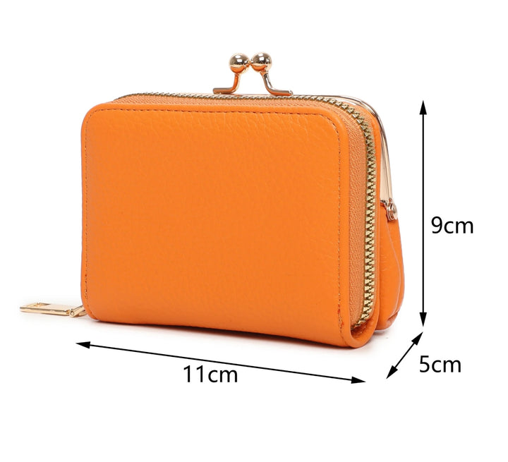 A orange clutch purse with gold detail and a zipper closure.