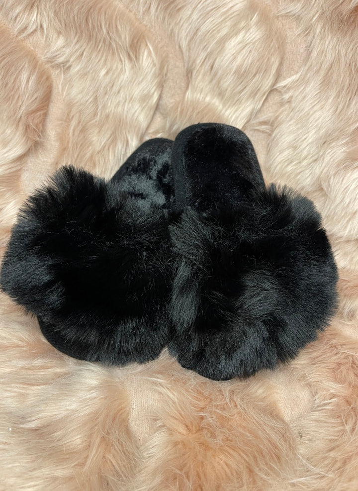 black faux fur open toe slider slippers for kids
