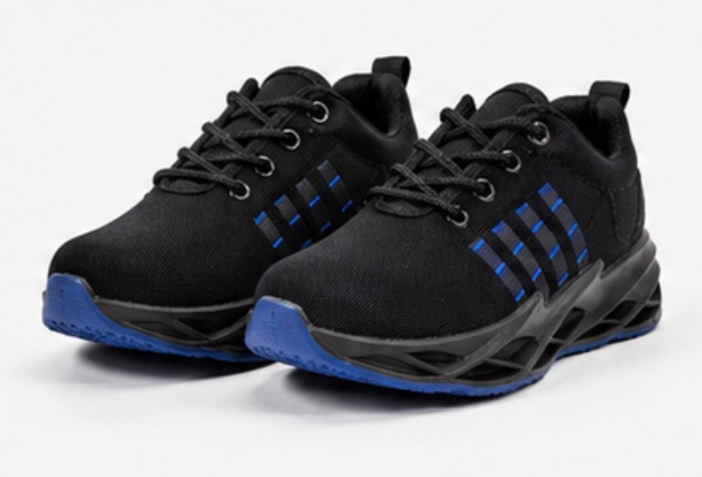 Kids black lace-up trainers with blue stripe detail 