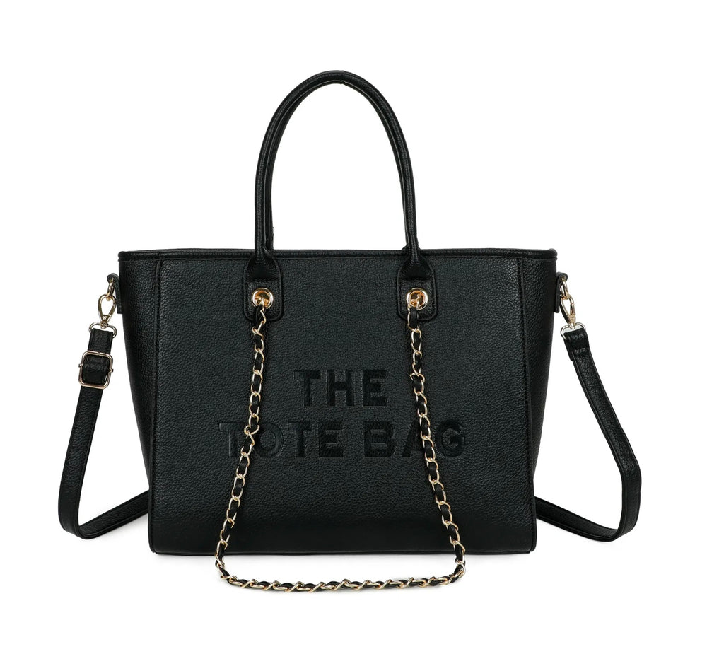 Black tote bag with chain strap detail 