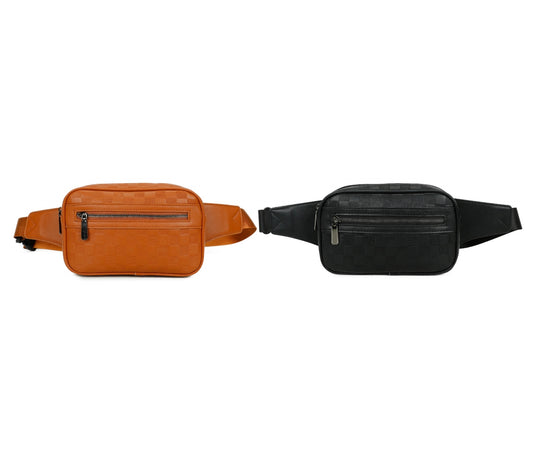 Two waist bags, one brown and one black, on a white background.