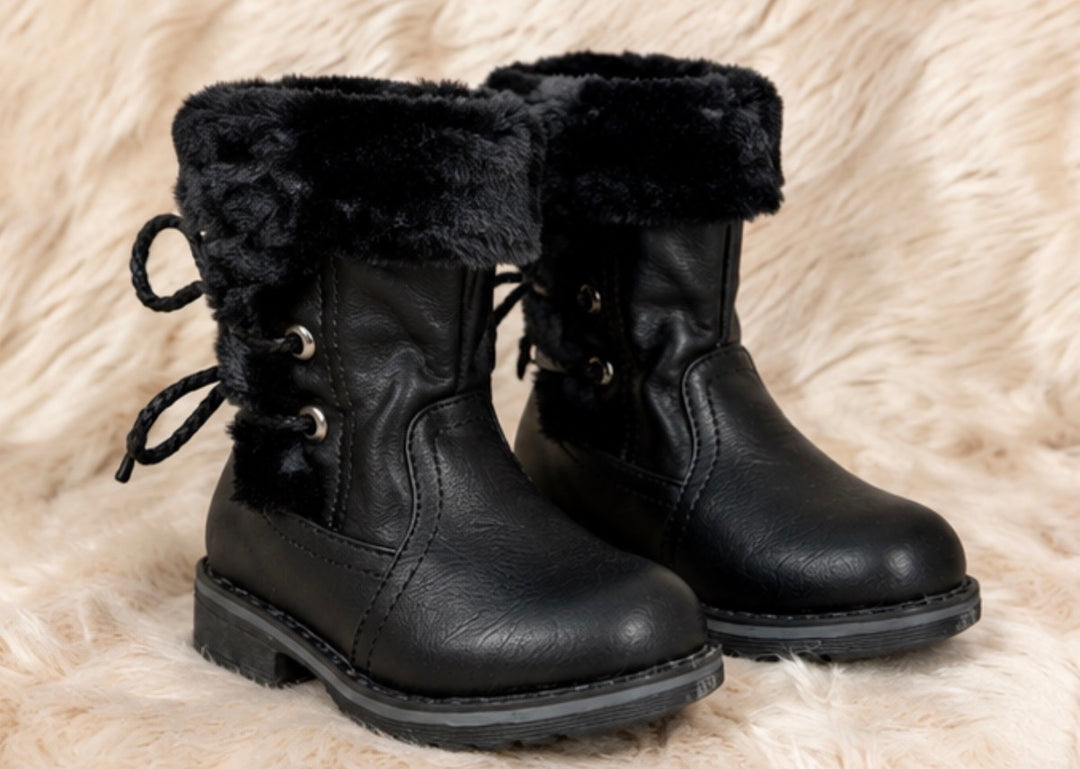 Girls black faux leather winter boots with soft black faux fur trim