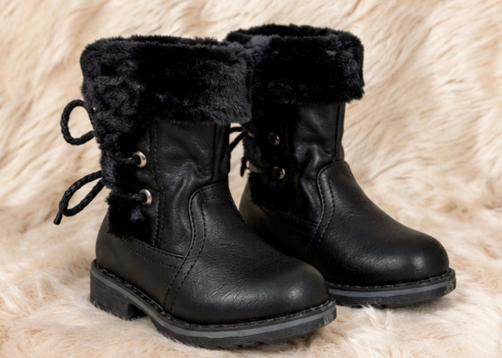 Girls black faux leather winter boots with soft black faux fur trim