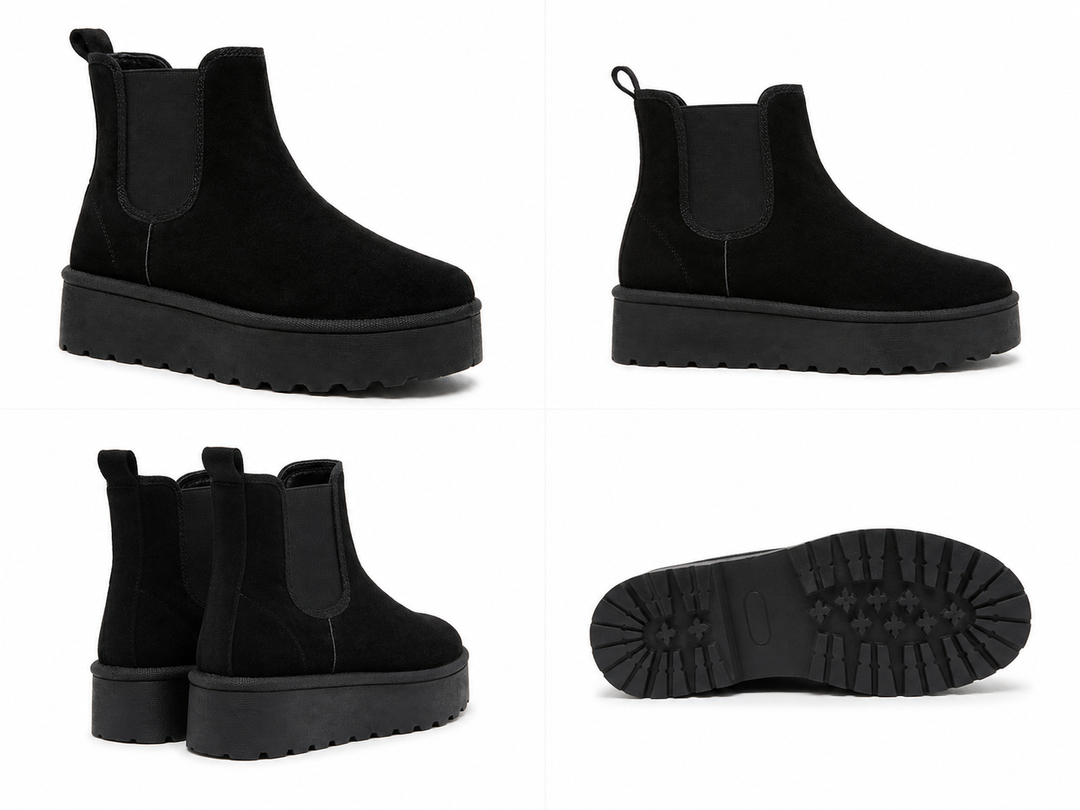 Black suede chunky platform Chelsea ankle boots with elastic side panels and thick ridged sole