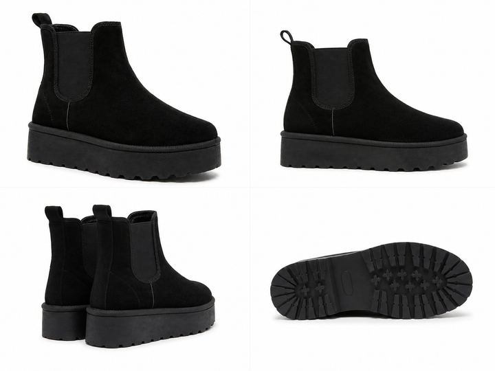 Black suede chunky platform Chelsea ankle boots with elastic side panels and thick ridged sole