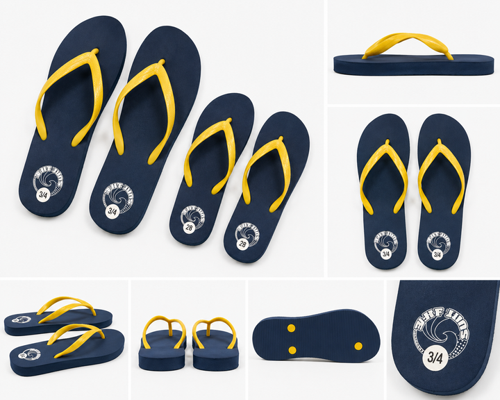 Navy blue flip flops with bright yellow straps 