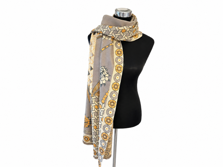Luxury oversized mixed print scarf in taupe, cream, black and golden tones 
