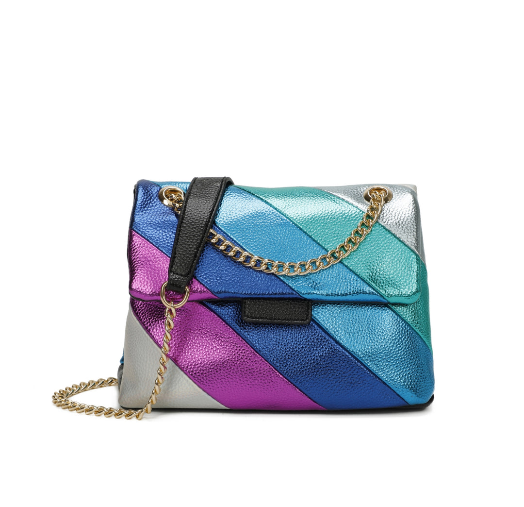 Multicolored quilted handbag with a gold chain on a white background