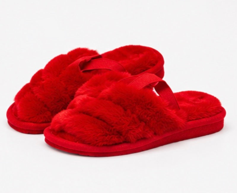 Red fluffy cross strap slippers with open toe style and elastic heel strap